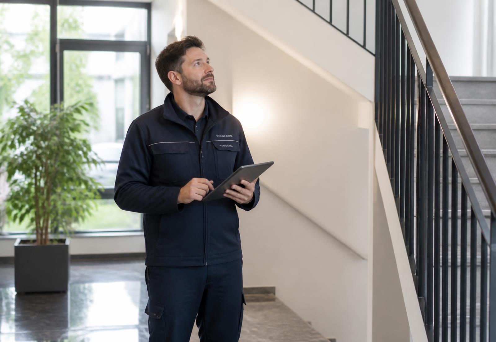 Hauswart von Latifi Facility Services bei der Objektkontrolle in einem gepflegten Treppenhaus